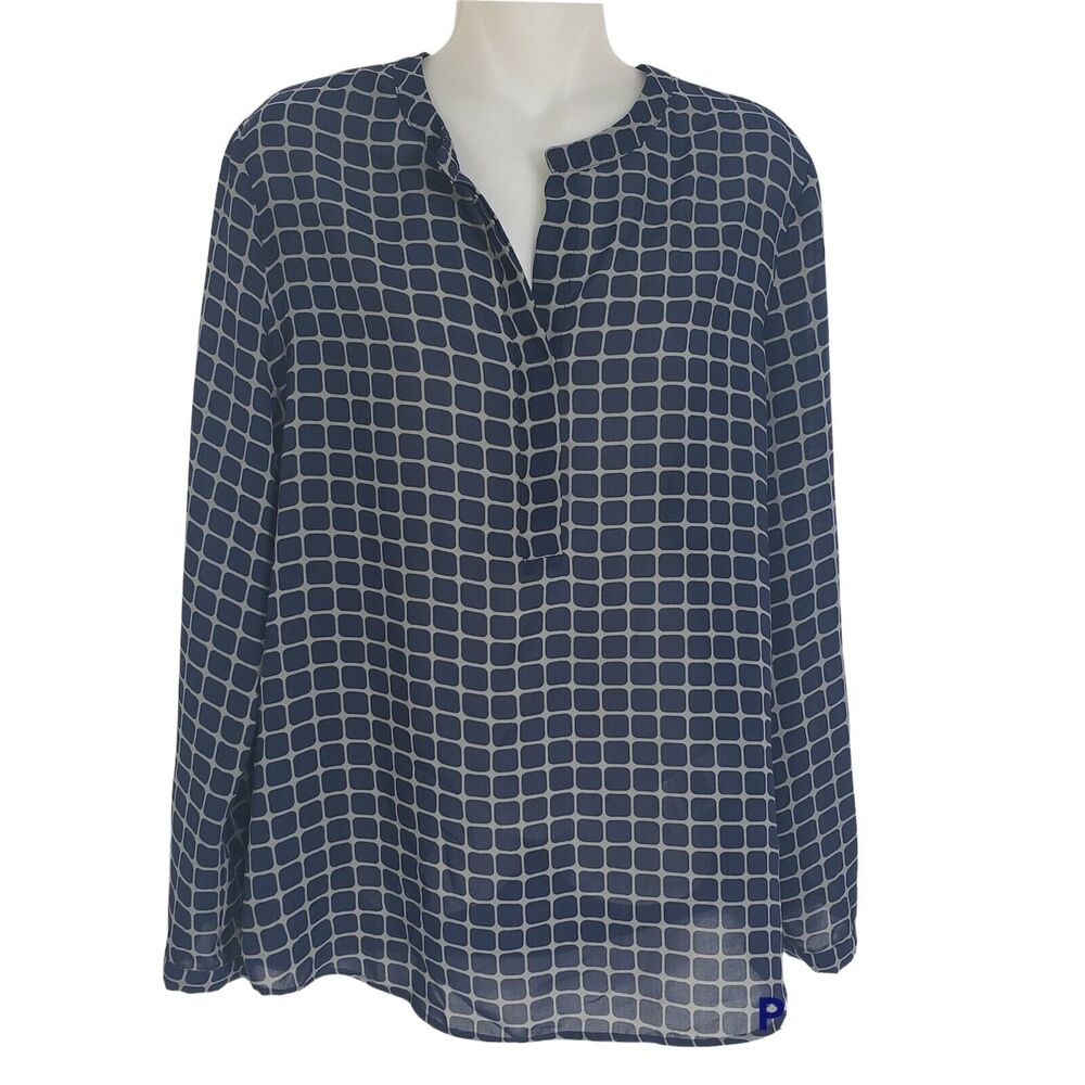 Banana Republic Womens Blouse Small Blue Gray Windowpane Print V Neck Pullover